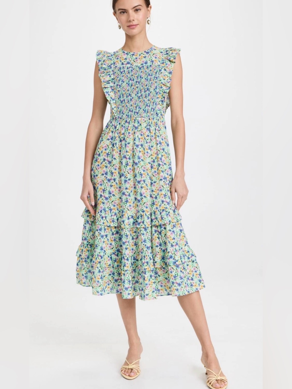 Shoshanna Taos Dress Women's Floral Printed Cap Sleeve Ruffle Midi Cotton 6